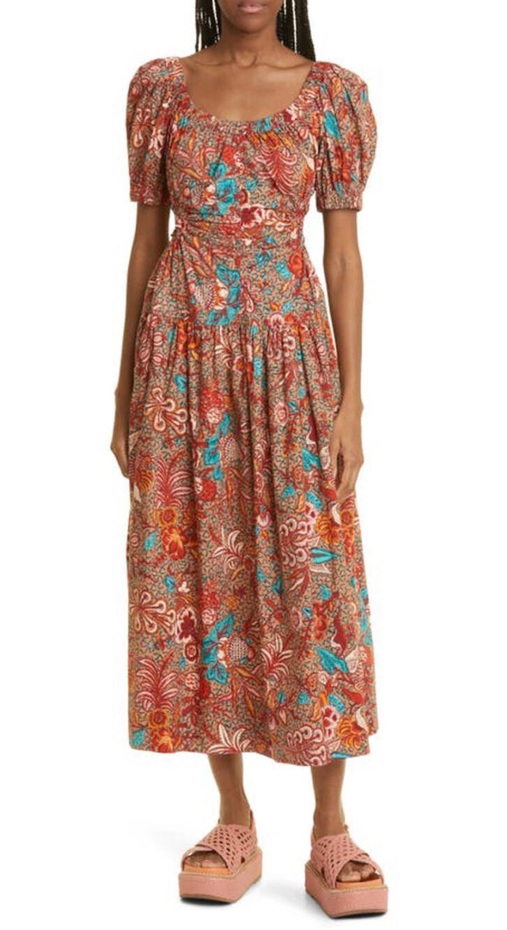 Ulla Johnson Midi Dress Golda Red Floral Dress In Primrose 100% Cotton size 8